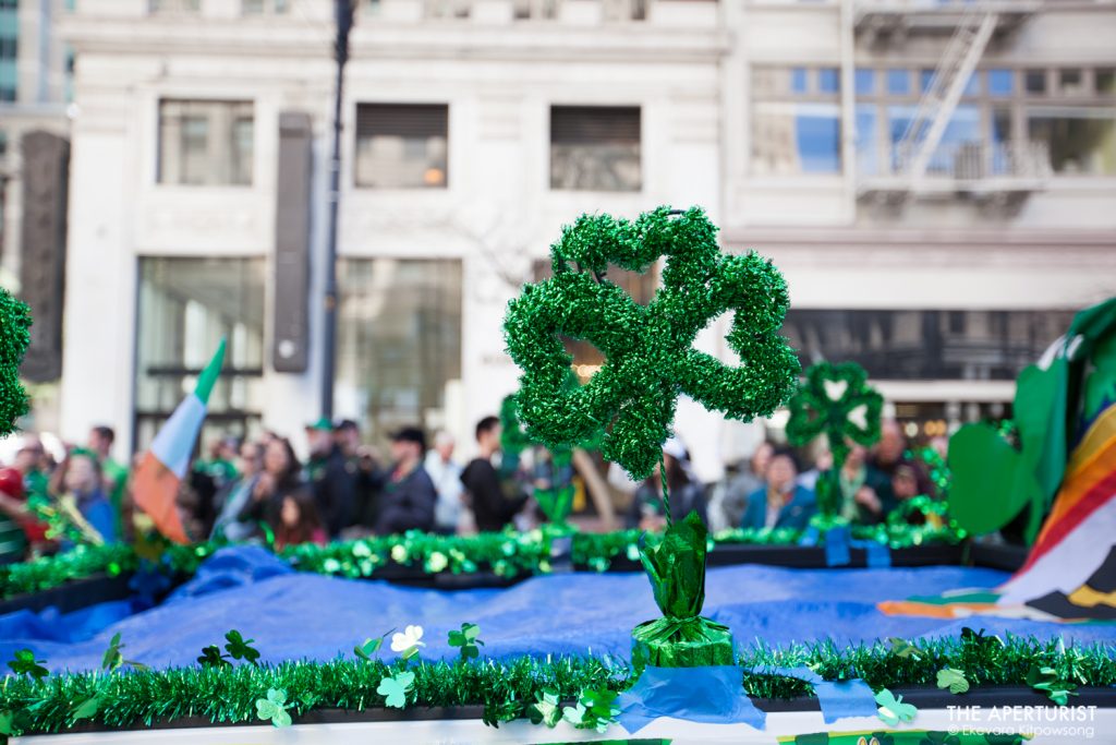 Shamrock decorations can be seen on a float rolling down Market Street in San Francisco during the 168th annual San Francisco St. Patrick’s Day Parade on Saturday, March 16, 2019. (Photo by Ekevara Kitpowsong/Current SF)