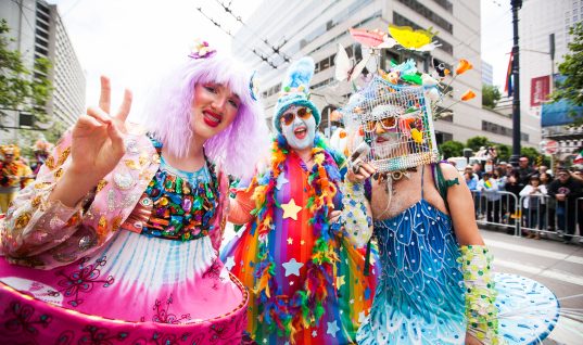 Parade participants from Verasphere in colorful and creative costumes take part in the 49th annual San Francisco Pride Parade on Market Street in San Francisco on Sunday, June 30, 2019. (Photo by Ekevara Kitpowsong/Current SF)