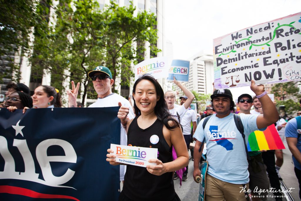 Former San Francisco Supervisor and Bay Area Director for Bernie Sanders 2020 Jane Kim and Bernie Sanders supporters take part in the San Francisco Pride Parade on Market Street in San Francisco on Sunday, June 30, 2019. (Photo by Ekevara Kitpowsong/Current SF)