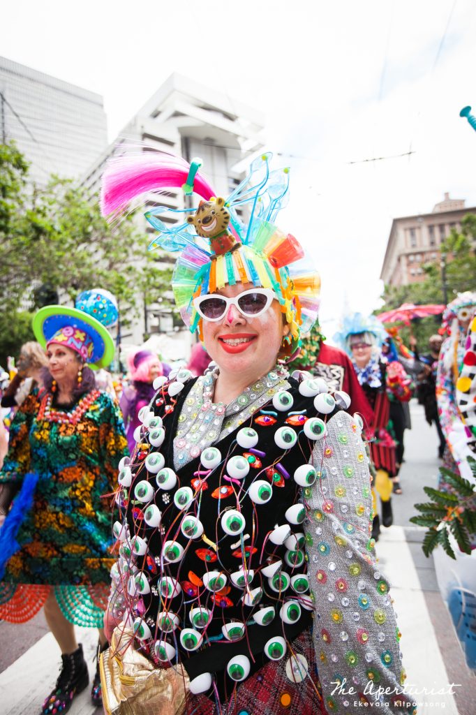 A parade participant from Verasphere in a colorful costume takes part in the San Francisco Pride Parade on Market Street in San Francisco on Sunday, June 30, 2019. (Photo by Ekevara Kitpowsong/Current SF)