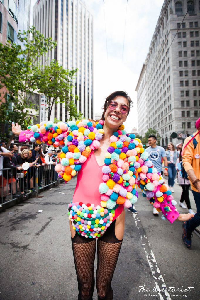 A parade participant wears a colorful and creative costume at the San Francisco Pride Parade on Market Street in San Francisco on Sunday, June 30, 2019. (Photo by Ekevara Kitpowsong/Current SF)