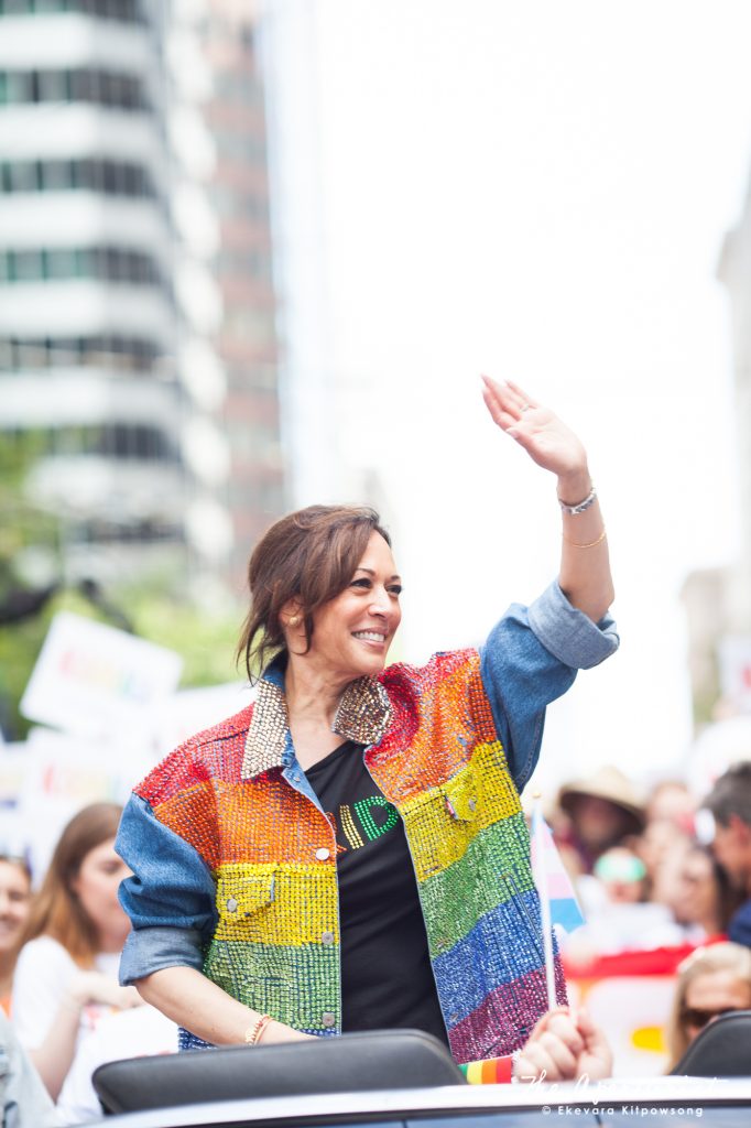 U.S. Senator for California and presidential candidate Kamala Harris waves to the crowd during the San Francisco Pride Parade on Market Street in San Francisco on Sunday, June 30, 2019. (Photo by Ekevara Kitpowsong/Current SF)