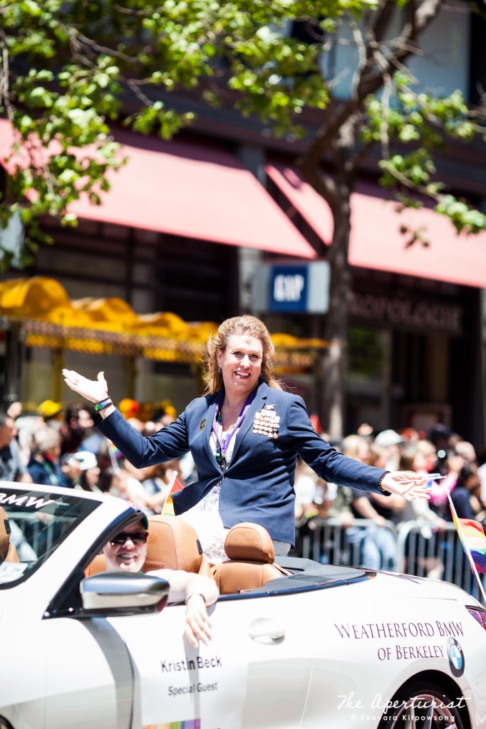 A retired United States Navy SEAL Kristin Beck who came out as a trans woman in 2013 smiles at the crowd during the San Francisco Pride Parade on Market Street in San Francisco on Sunday, June 30, 2019. (Photo by Ekevara Kitpowsong/Current SF)