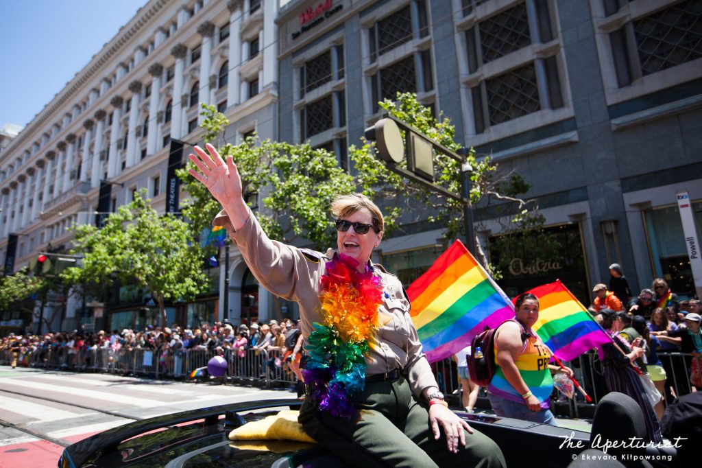 San Francisco Sheriff and the city's first female sheriff Vicki Hennessy waves at the crowd at the 49th annual San Francisco Pride Parade on Market Street in San Francisco on Sunday, June 30, 2019. (Photo by Ekevara Kitpowsong/Current SF)